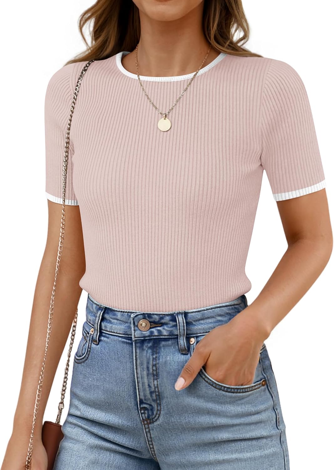 ZESICA Women's Summer Short Sleeve Ribbed Knit Slim Fit T Shirt 2026 Crewneck Basic Casual Color Block Tee Tops