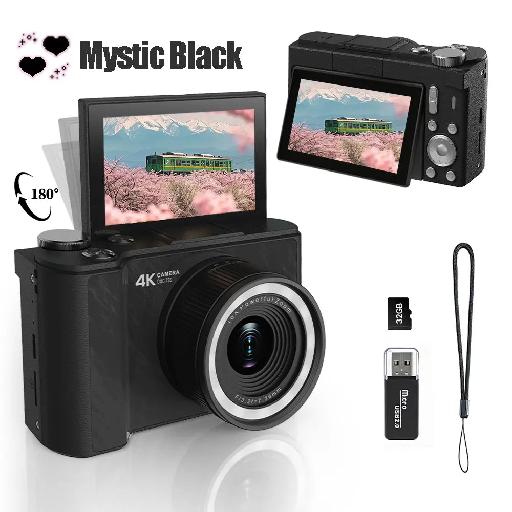Digital Camera for Photography, Y2K Foldable Screen Portable Vlogging Camera with 32GB SD Card, Wrist Strap, Self Timer, Smooth Video vlogging Camera
