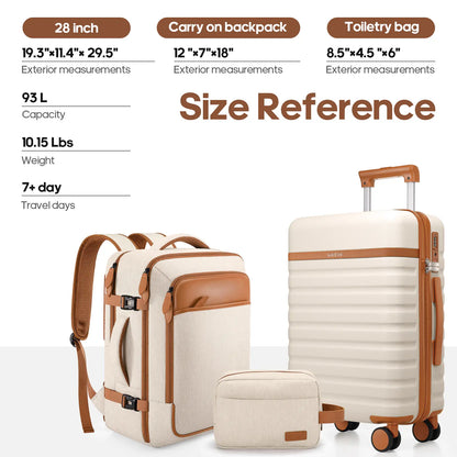 20" Carry On Suitcase, 3-Piece Luggage Set (24&28 inch sizes are not suitable for carry-on)& Travel Backpack, PC Hardside Spinner Luggage with TSA Lock, YKK Zipper, Lightweight Durable Suitcase for Men and Women Hard Shell Luggage