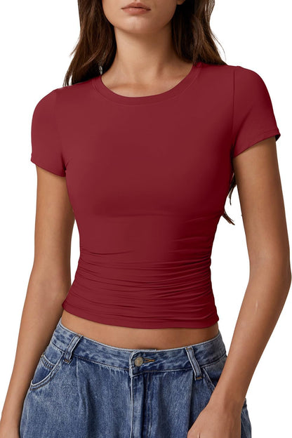 QINSEN Short Sleeve Shirts for Women Round Neck Basic Double Lined Tees Fitted Y2k Crop Tops