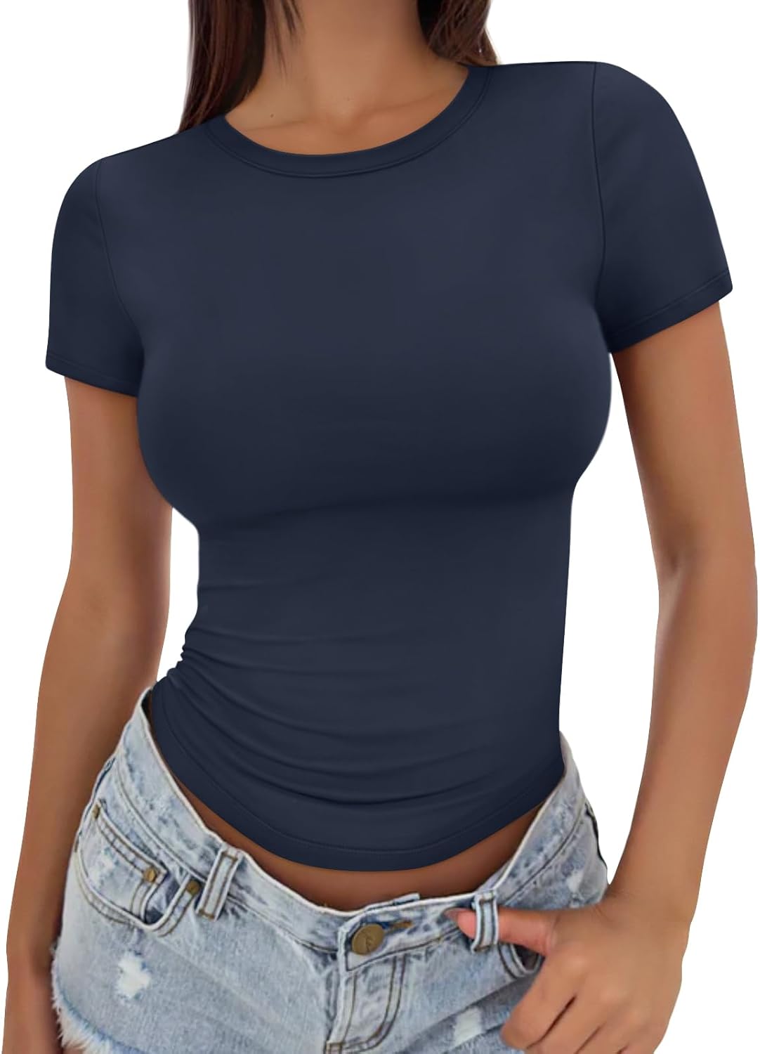 Trendy Queen Womens Stretchy Soft Opaque Basic T Shirts - Slim Fit Short Sleeve Y2k Cute Summer Crop Workout Tops