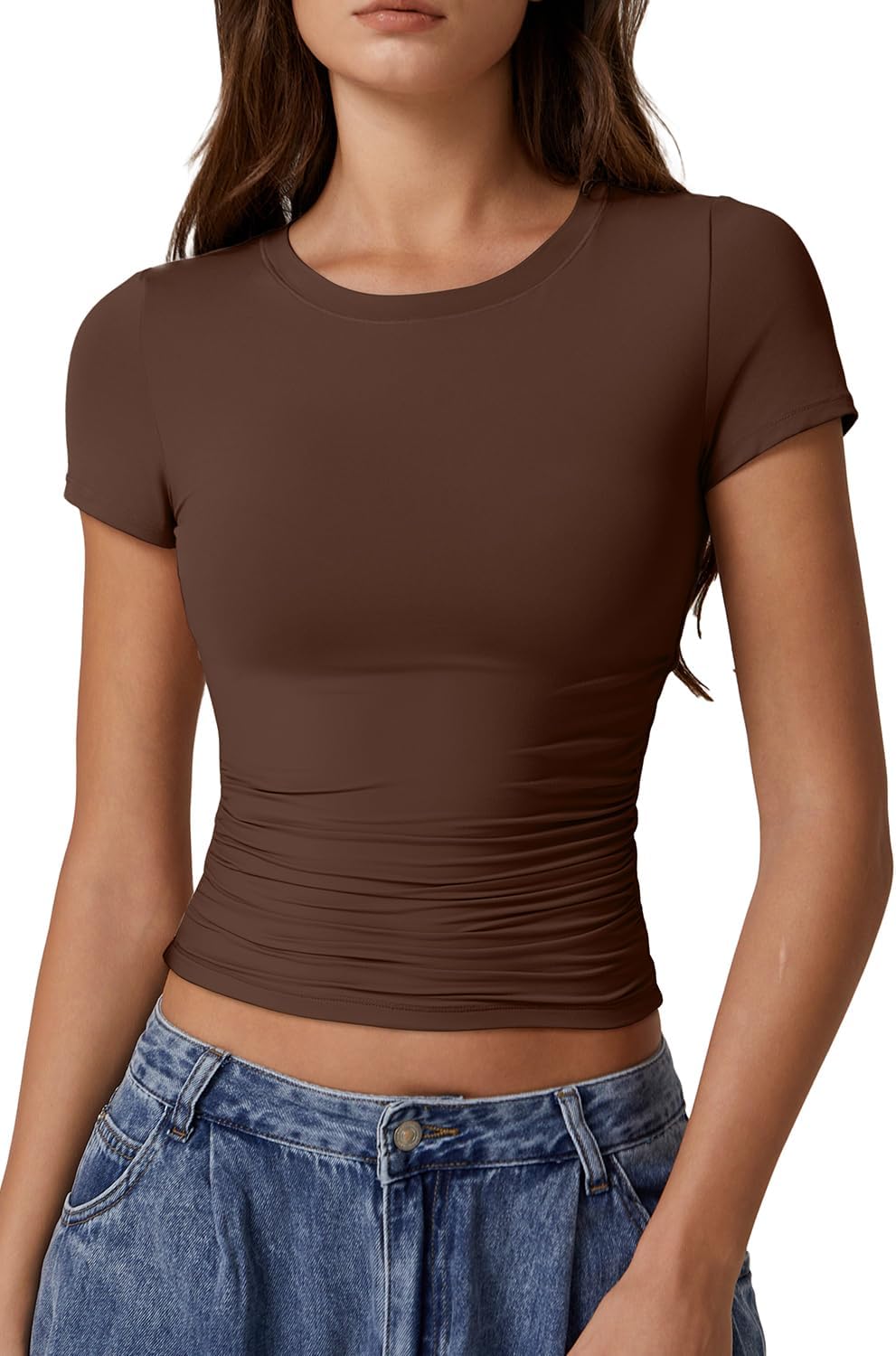 QINSEN Short Sleeve Shirts for Women Round Neck Basic Double Lined Tees Fitted Y2k Crop Tops