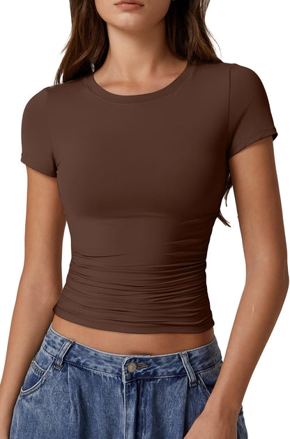 QINSEN Short Sleeve Shirts for Women Round Neck Basic Double Lined Tees Fitted Y2k Crop Tops