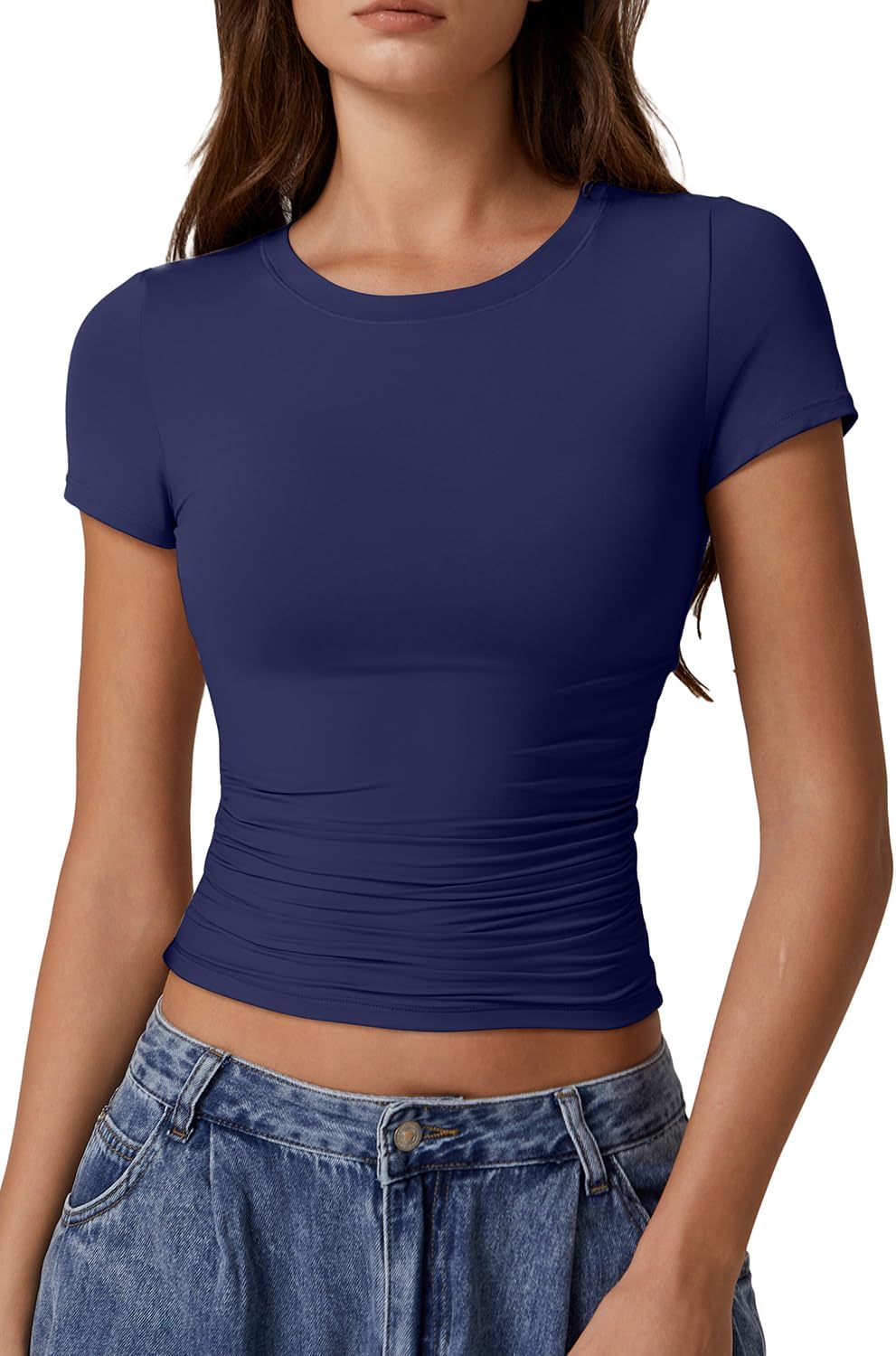 QINSEN Short Sleeve Shirts for Women Round Neck Basic Double Lined Tees Fitted Y2k Crop Tops