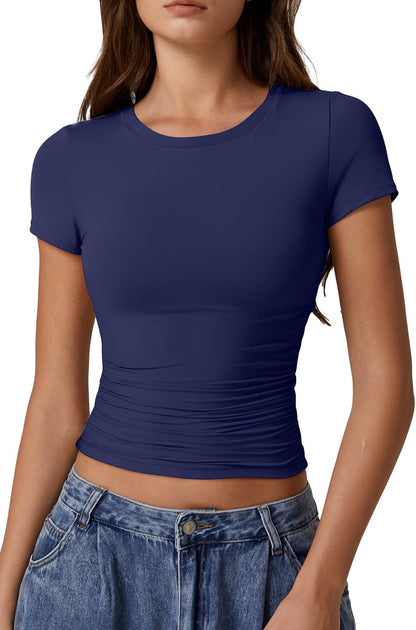 QINSEN Short Sleeve Shirts for Women Round Neck Basic Double Lined Tees Fitted Y2k Crop Tops