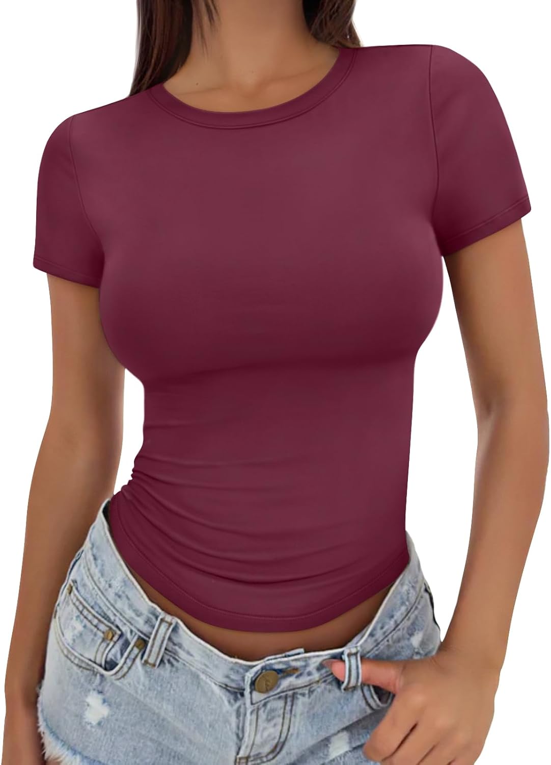 Trendy Queen Womens Stretchy Soft Opaque Basic T Shirts - Slim Fit Short Sleeve Y2k Cute Summer Crop Workout Tops