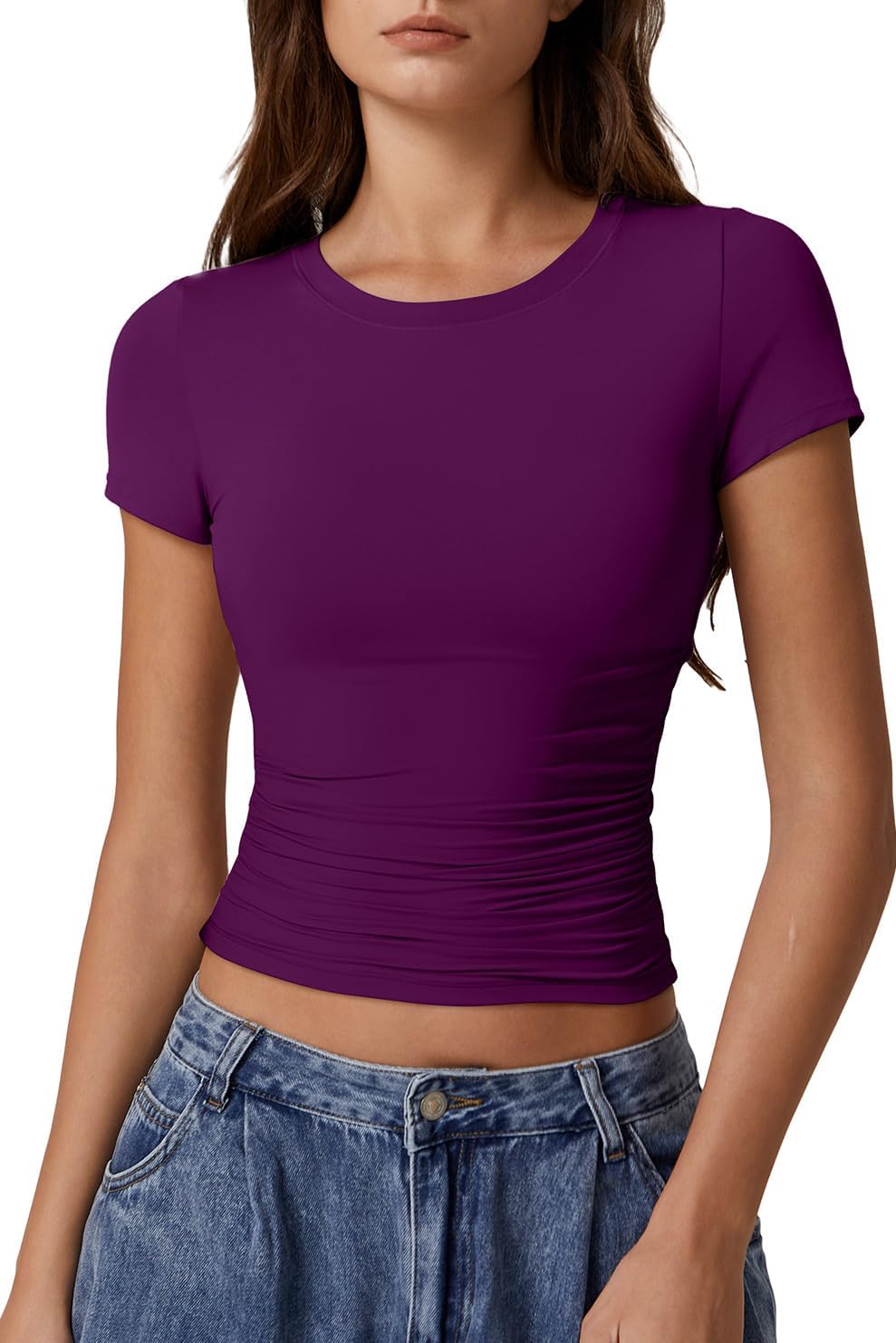 QINSEN Short Sleeve Shirts for Women Round Neck Basic Double Lined Tees Fitted Y2k Crop Tops
