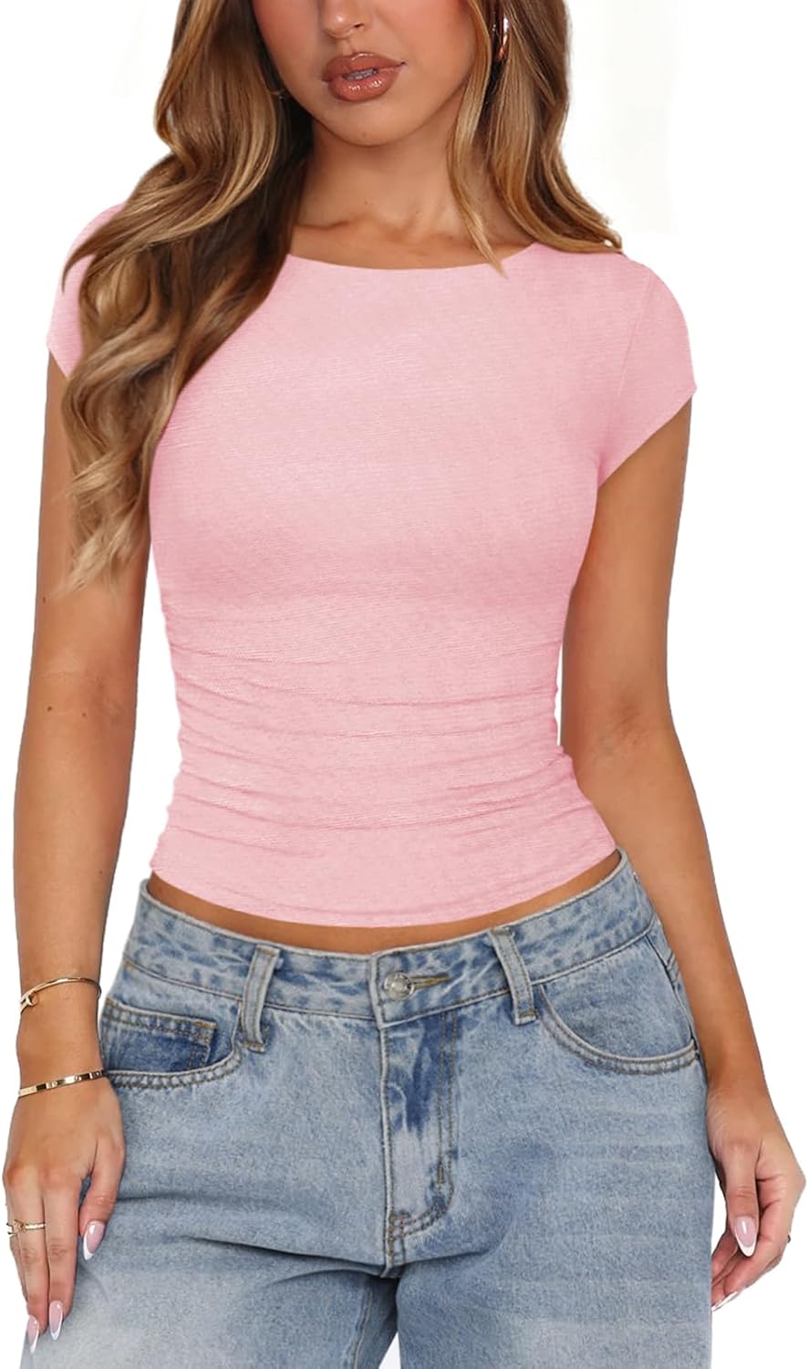 Boat Neck Cap Sleeve Tops for Women Fitted Double Lined Top Mesh Ruched Tight Shirts Womens Clothes