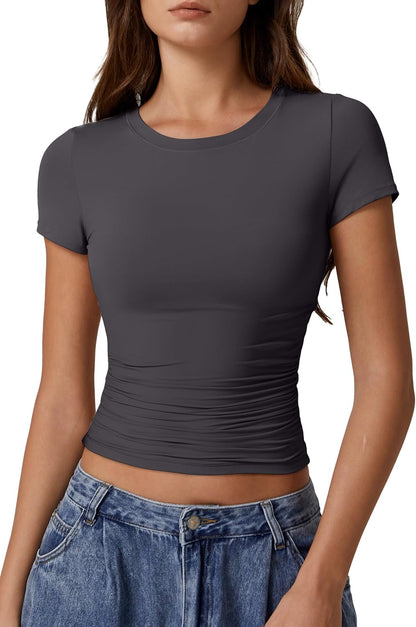 QINSEN Short Sleeve Shirts for Women Round Neck Basic Double Lined Tees Fitted Y2k Crop Tops
