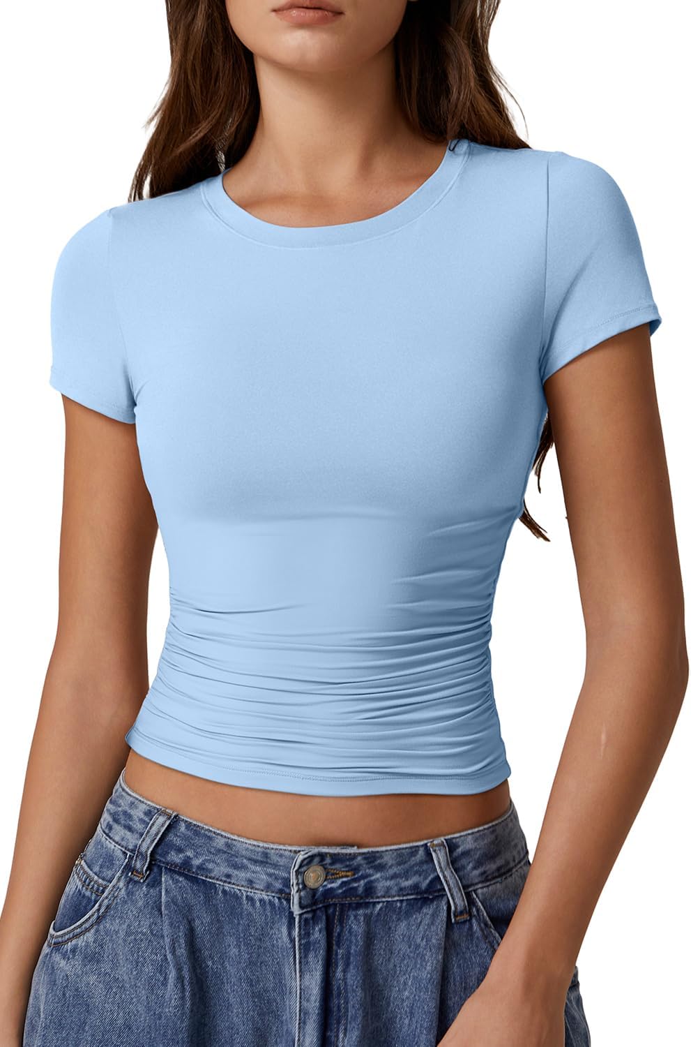 QINSEN Short Sleeve Shirts for Women Round Neck Basic Double Lined Tees Fitted Y2k Crop Tops