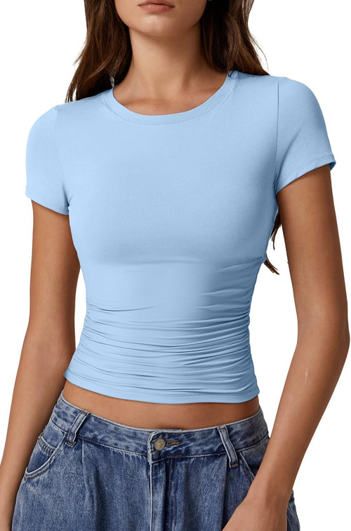 QINSEN Short Sleeve Shirts for Women Round Neck Basic Double Lined Tees Fitted Y2k Crop Tops