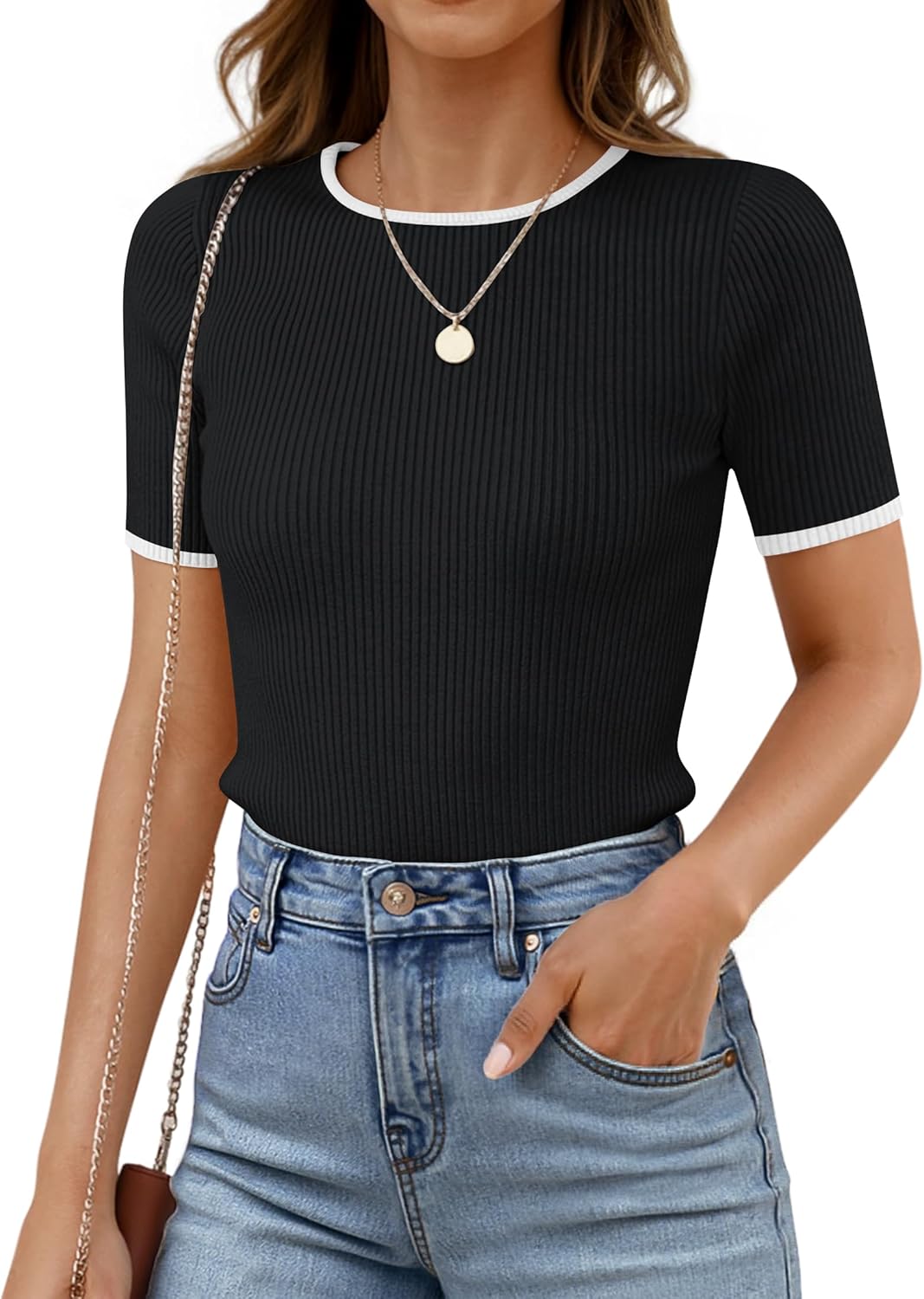 ZESICA Women's Summer Short Sleeve Ribbed Knit Slim Fit T Shirt 2026 Crewneck Basic Casual Color Block Tee Tops
