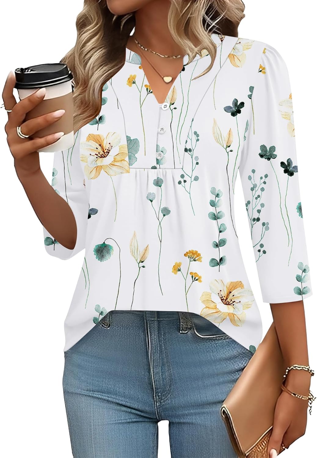 IECCP 3/4 Length Sleeve Womens Tops Dressy Casual Henley V-Neck Summer Tops Pleated T-Shirts Loose Fit Work Blouses