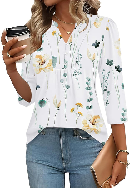 IECCP 3/4 Length Sleeve Womens Tops Dressy Casual Henley V-Neck Summer Tops Pleated T-Shirts Loose Fit Work Blouses