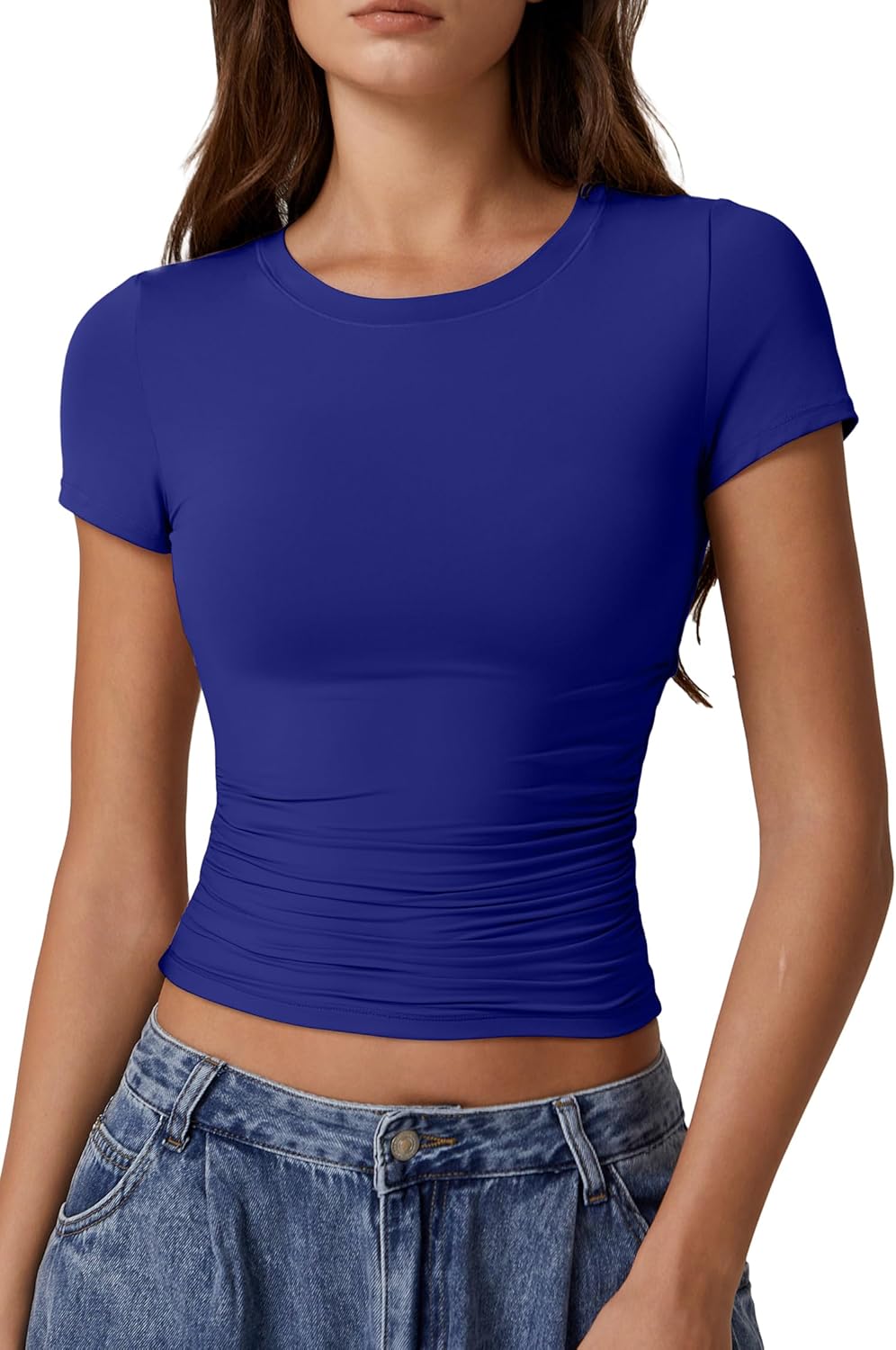 QINSEN Short Sleeve Shirts for Women Round Neck Basic Double Lined Tees Fitted Y2k Crop Tops