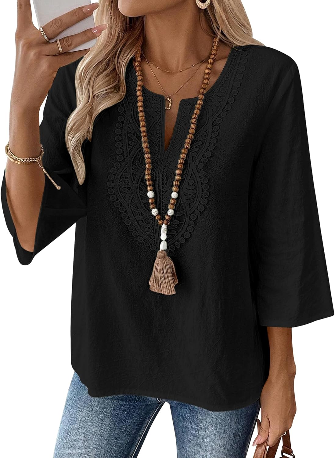 LOMON Womens 3/4 Sleeve Tops Cotton Linen Shirts V Neck Lace Casual Loose Fit Blouses Boho Fashion