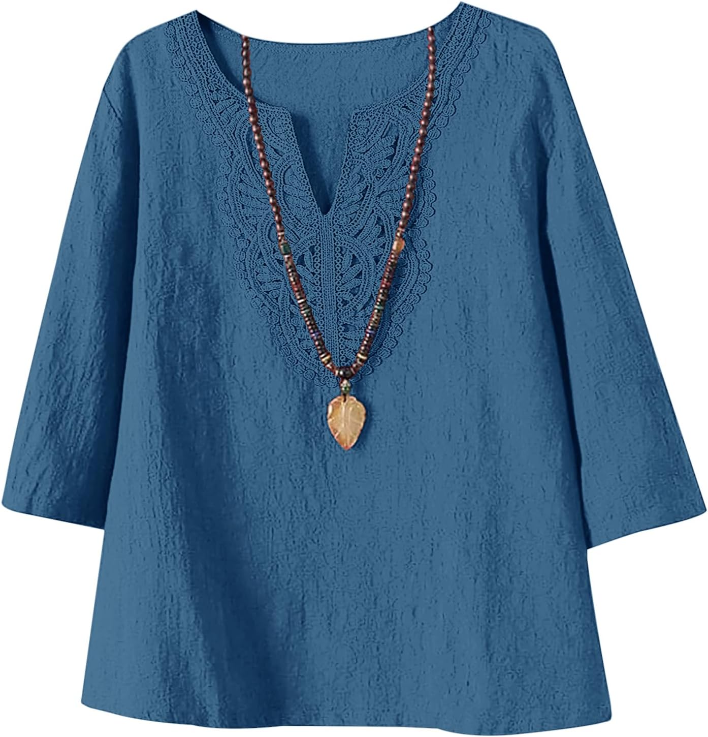 LOMON Womens 3/4 Sleeve Tops Cotton Linen Shirts V Neck Lace Casual Loose Fit Blouses Boho Fashion