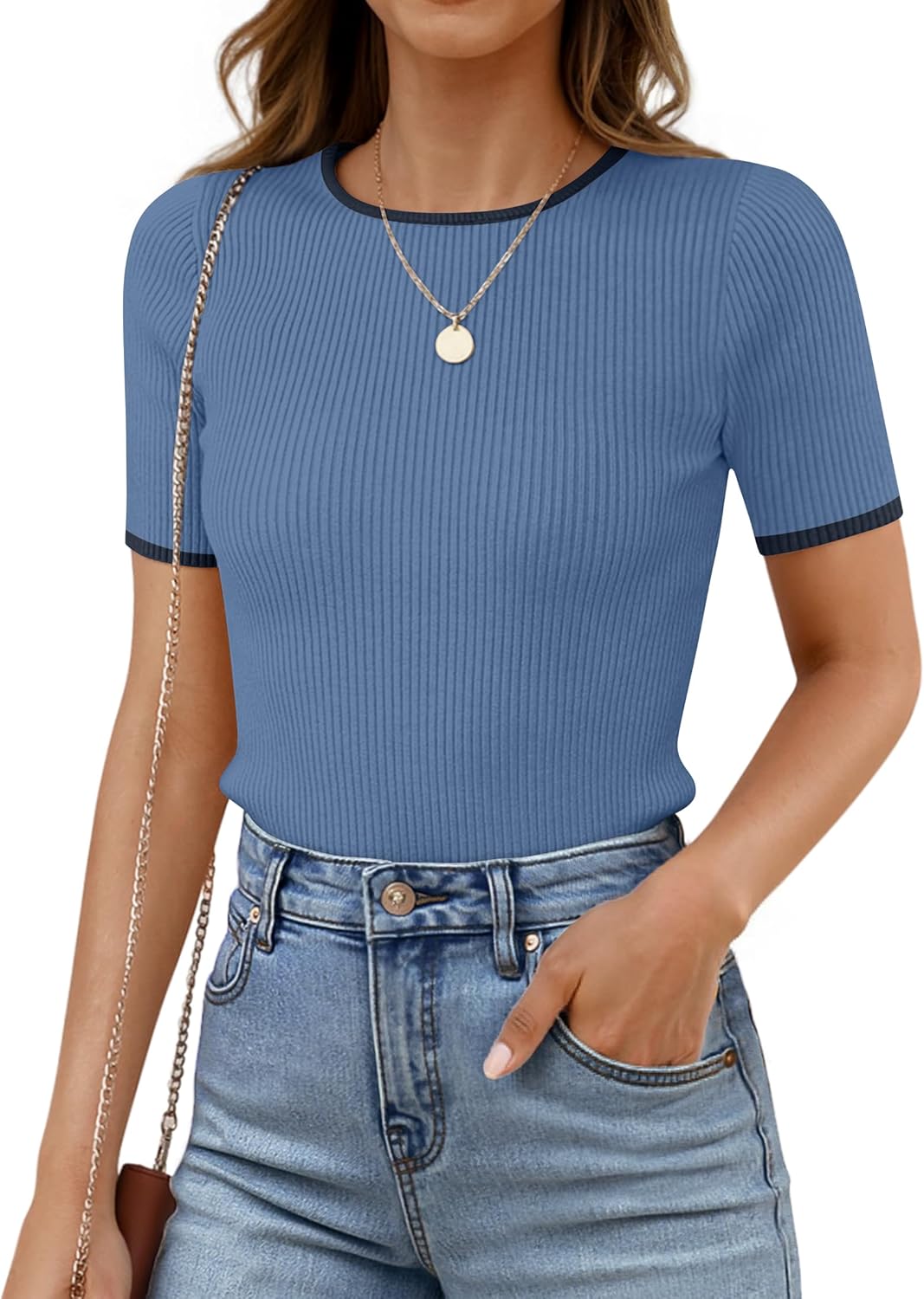ZESICA Women's Summer Short Sleeve Ribbed Knit Slim Fit T Shirt 2026 Crewneck Basic Casual Color Block Tee Tops