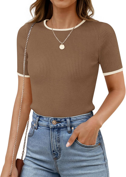 ZESICA Women's Summer Short Sleeve Ribbed Knit Slim Fit T Shirt 2026 Crewneck Basic Casual Color Block Tee Tops