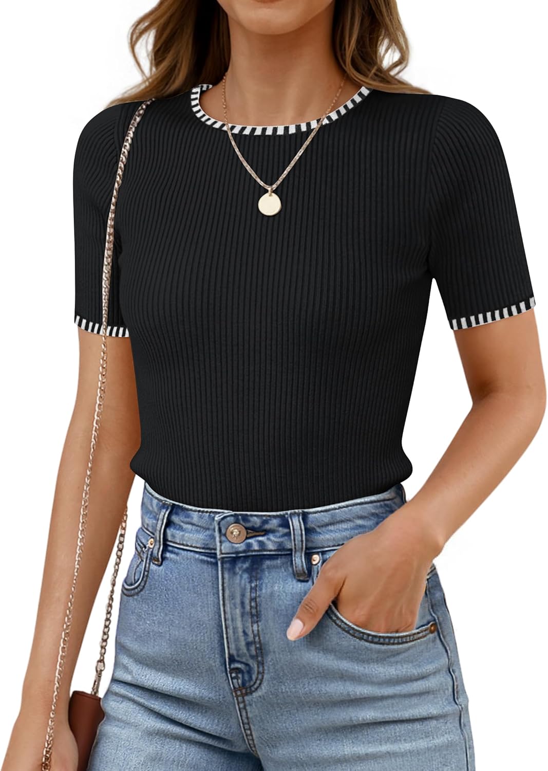 ZESICA Women's Summer Short Sleeve Ribbed Knit Slim Fit T Shirt 2026 Crewneck Basic Casual Color Block Tee Tops