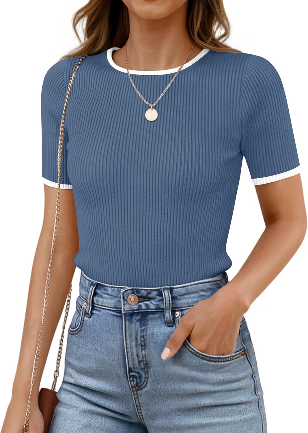 ZESICA Women's Summer Short Sleeve Ribbed Knit Slim Fit T Shirt 2026 Crewneck Basic Casual Color Block Tee Tops
