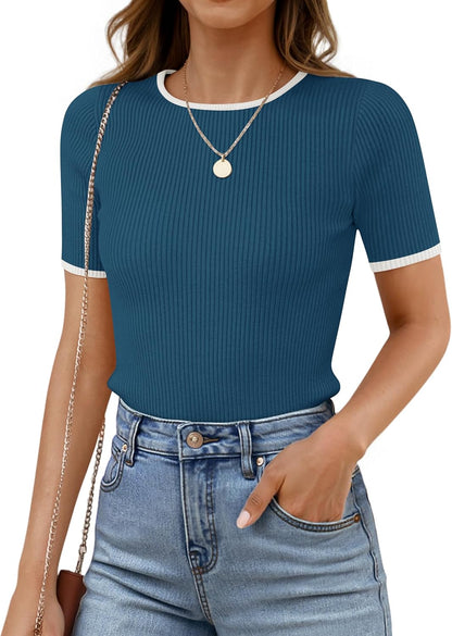 ZESICA Women's Summer Short Sleeve Ribbed Knit Slim Fit T Shirt 2026 Crewneck Basic Casual Color Block Tee Tops