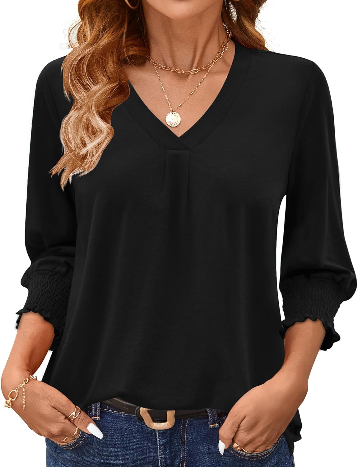 AKEWEI 3/4 Length Sleeve Womens Tops Summer Fashion V Neck Business Casual Blouses Smocked Shirts