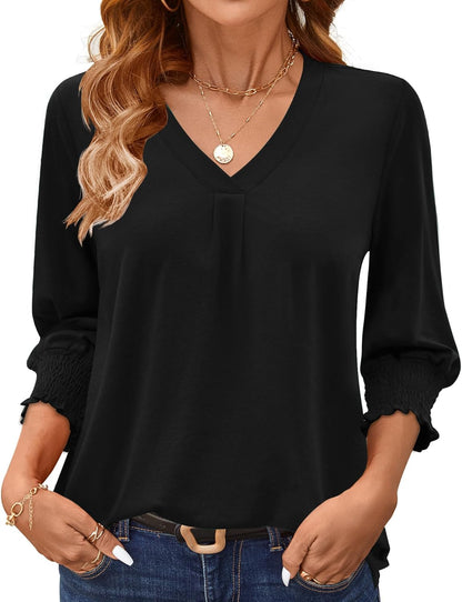 AKEWEI 3/4 Length Sleeve Womens Tops Summer Fashion V Neck Business Casual Blouses Smocked Shirts