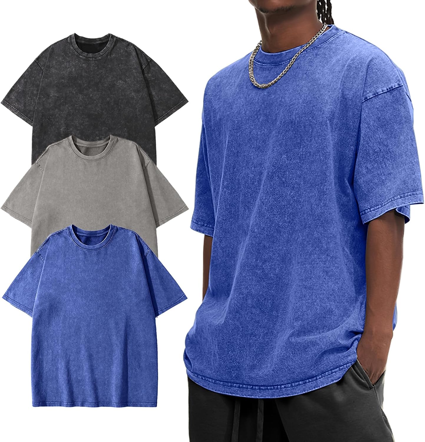 Eisctnd Men Oversized T-Shirts 3 Piece Unisex Vintage Shirt Solid Acid Wash Cotton Casual Hip Hop Tops