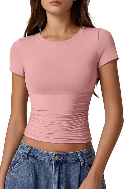 QINSEN Short Sleeve Shirts for Women Round Neck Basic Double Lined Tees Fitted Y2k Crop Tops