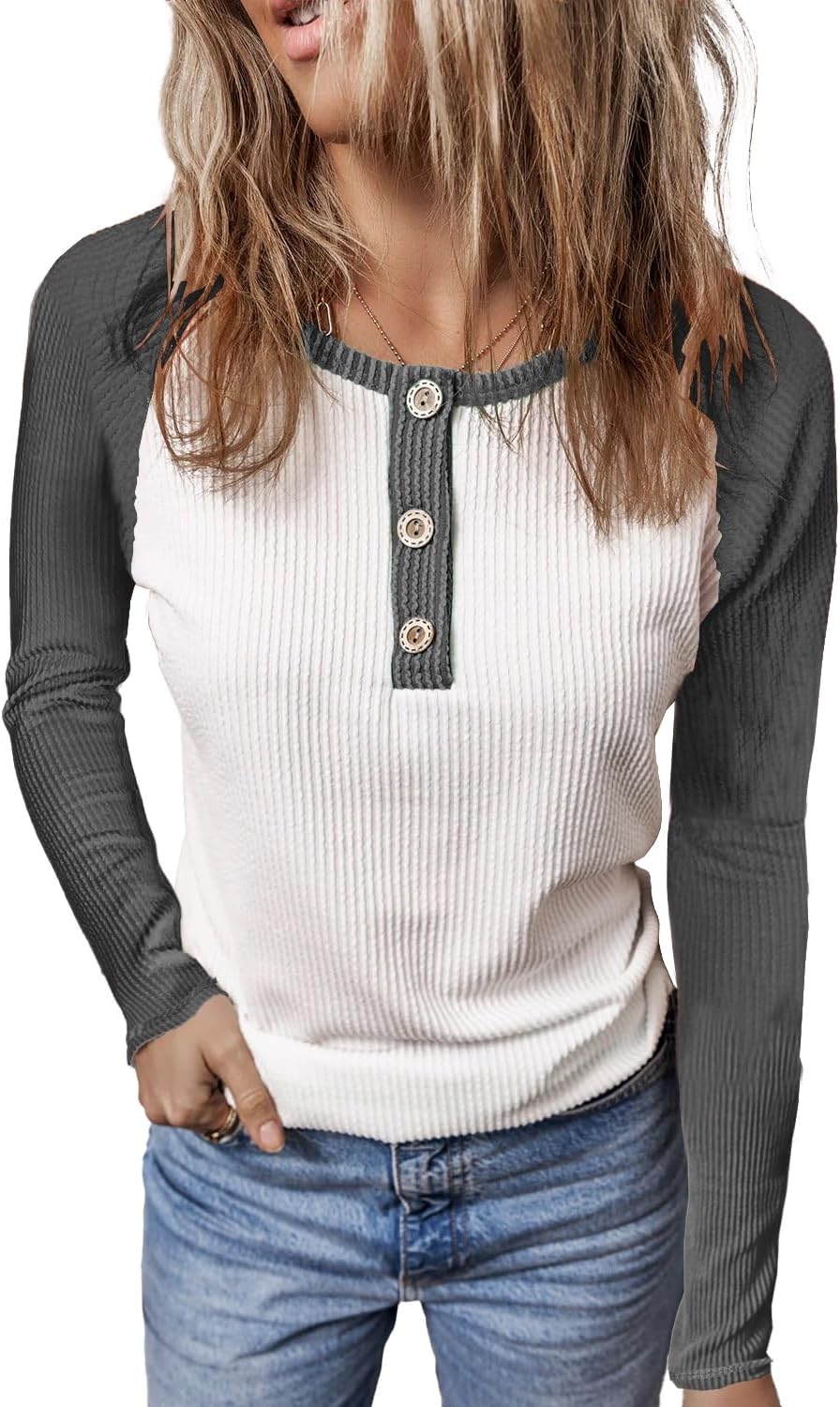 KINLONSAIR Women Raglan Long Sleeve Crew Neck Tunic Regular Fit T-Shirts Color Block Fall Button Down Henley Shirts