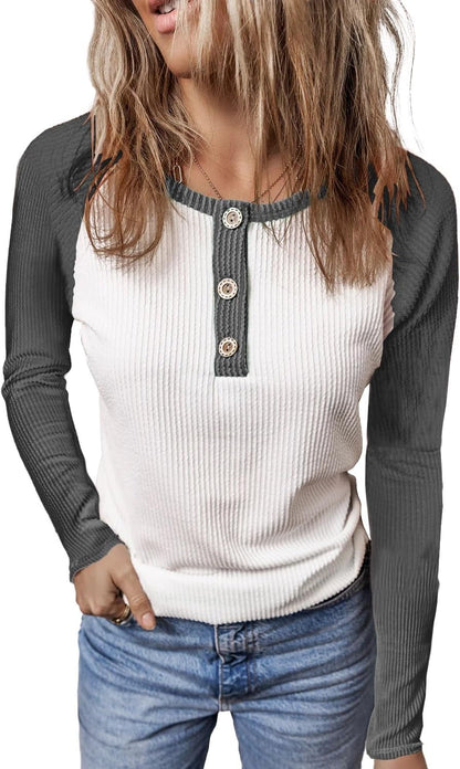 KINLONSAIR Women Raglan Long Sleeve Crew Neck Tunic Regular Fit T-Shirts Color Block Fall Button Down Henley Shirts