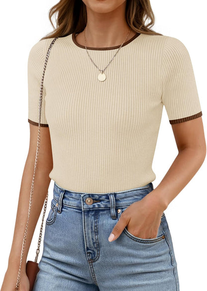 ZESICA Women's Summer Short Sleeve Ribbed Knit Slim Fit T Shirt 2026 Crewneck Basic Casual Color Block Tee Tops