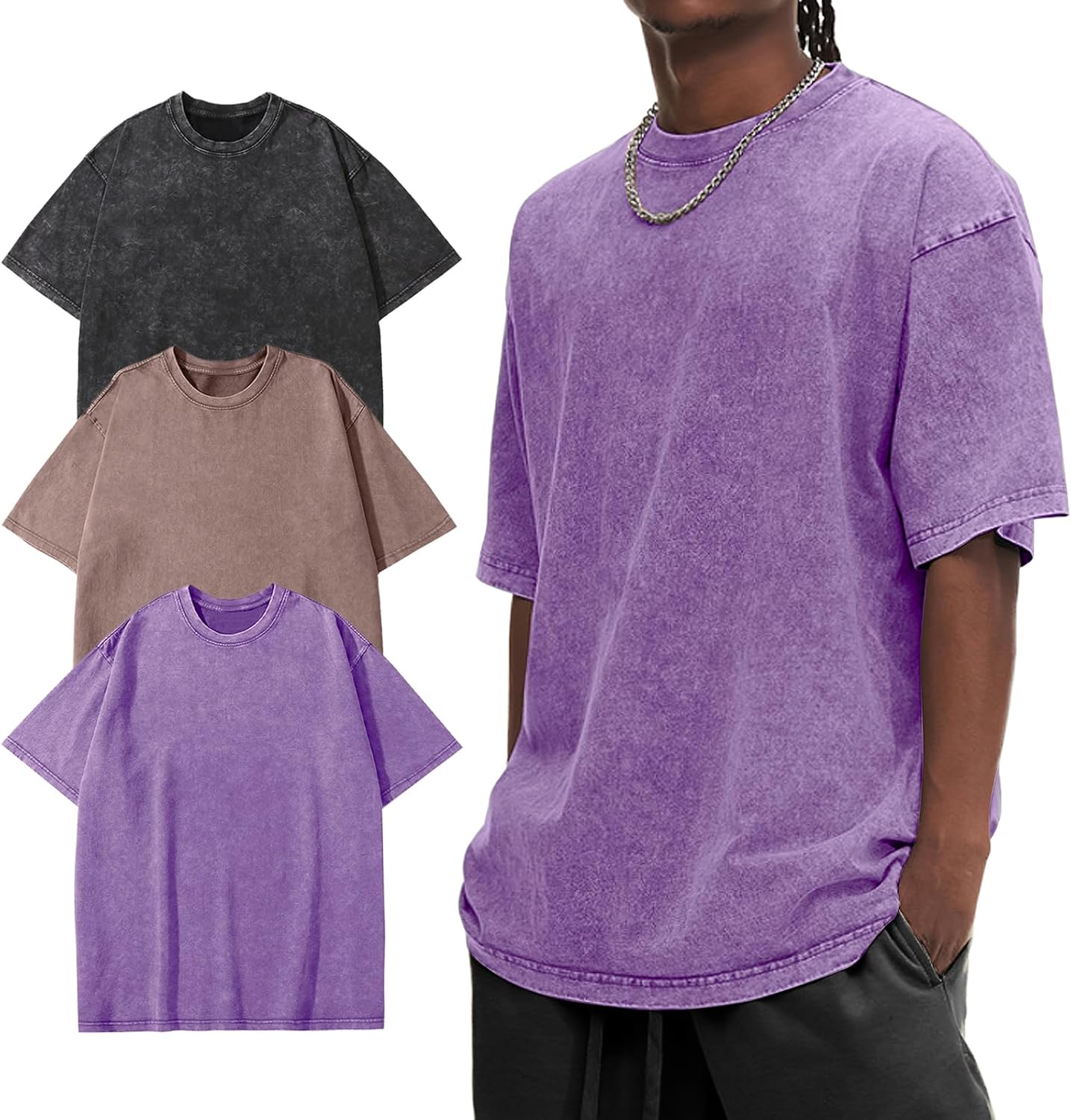 Eisctnd Men Oversized T-Shirts 3 Piece Unisex Vintage Shirt Solid Acid Wash Cotton Casual Hip Hop Tops