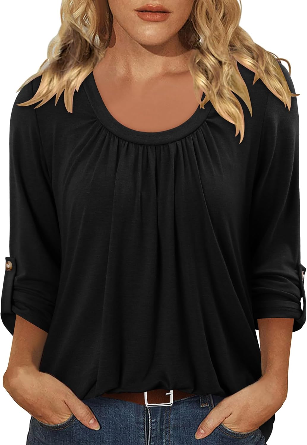 CRAZY GRID 3/4 Length Sleeve Women Tops Crewneck Pleated Cute Blouses Dressy Casual Summer T Shirts Loose Fit