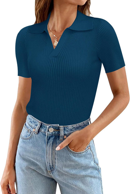 Ivicoer Womens V Neck Sweaters Dressy Casual Short Sleeve Sweater Slim Fit Lightweight Knit Tops