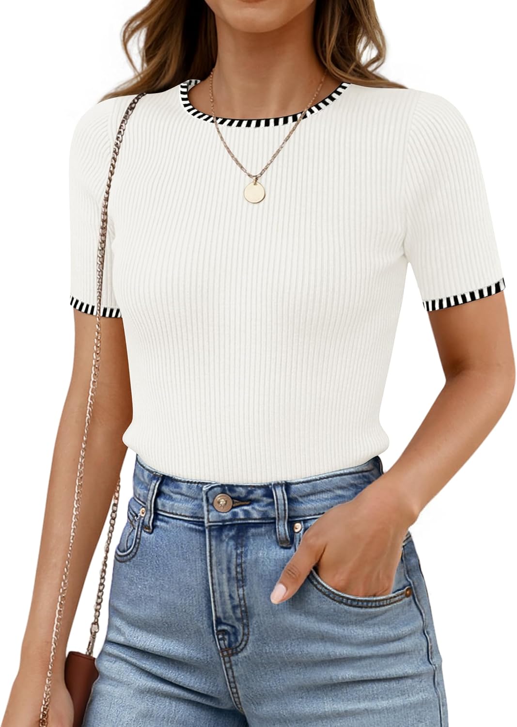 ZESICA Women's Summer Short Sleeve Ribbed Knit Slim Fit T Shirt 2026 Crewneck Basic Casual Color Block Tee Tops