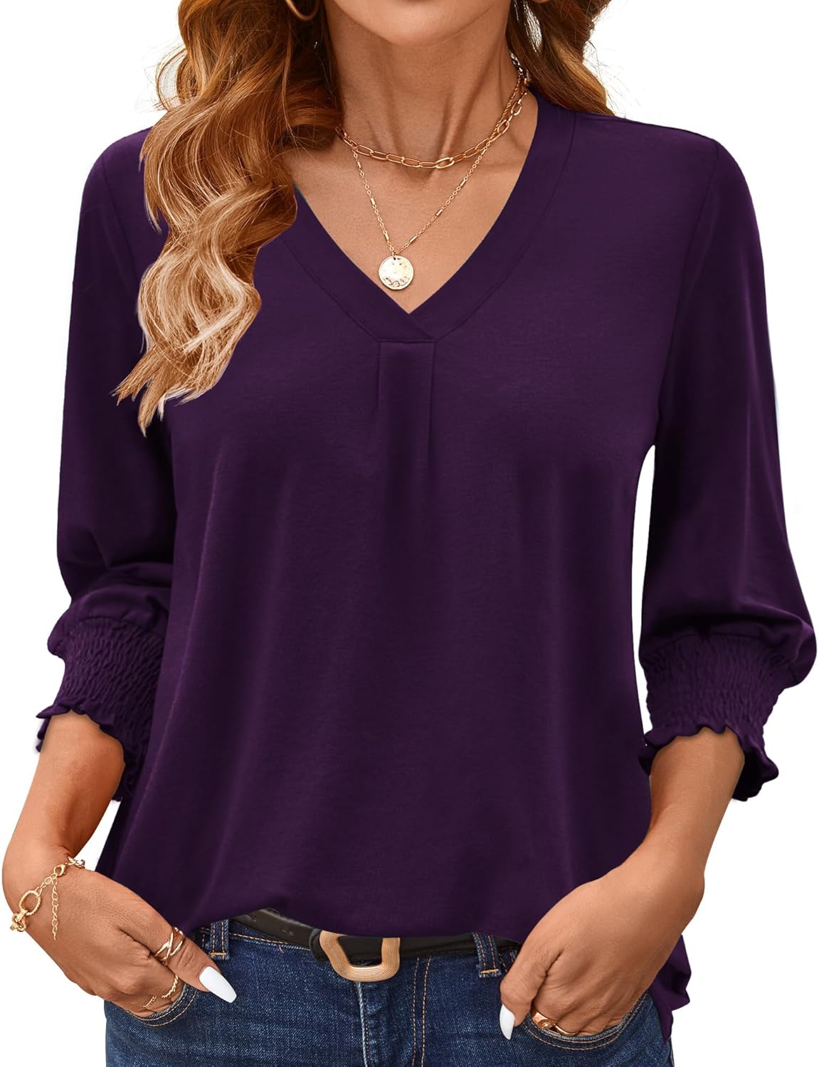 AKEWEI 3/4 Length Sleeve Womens Tops Summer Fashion V Neck Business Casual Blouses Smocked Shirts