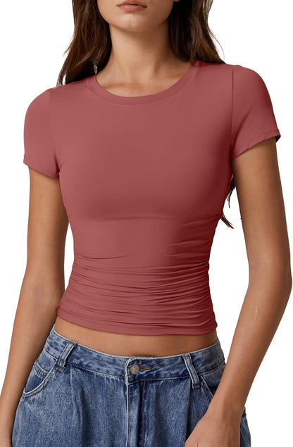 QINSEN Short Sleeve Shirts for Women Round Neck Basic Double Lined Tees Fitted Y2k Crop Tops