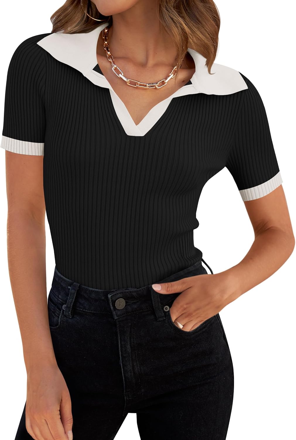 ZESICA Women's Short Sleeve V Neck T Shirts 2026 Summer Ribbed Knit Slim Fitted Basic Solid Color Tee Tops
