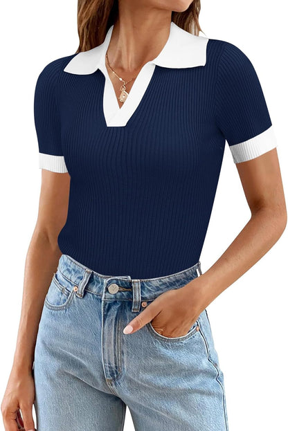 Ivicoer Womens V Neck Sweaters Dressy Casual Short Sleeve Sweater Slim Fit Lightweight Knit Tops