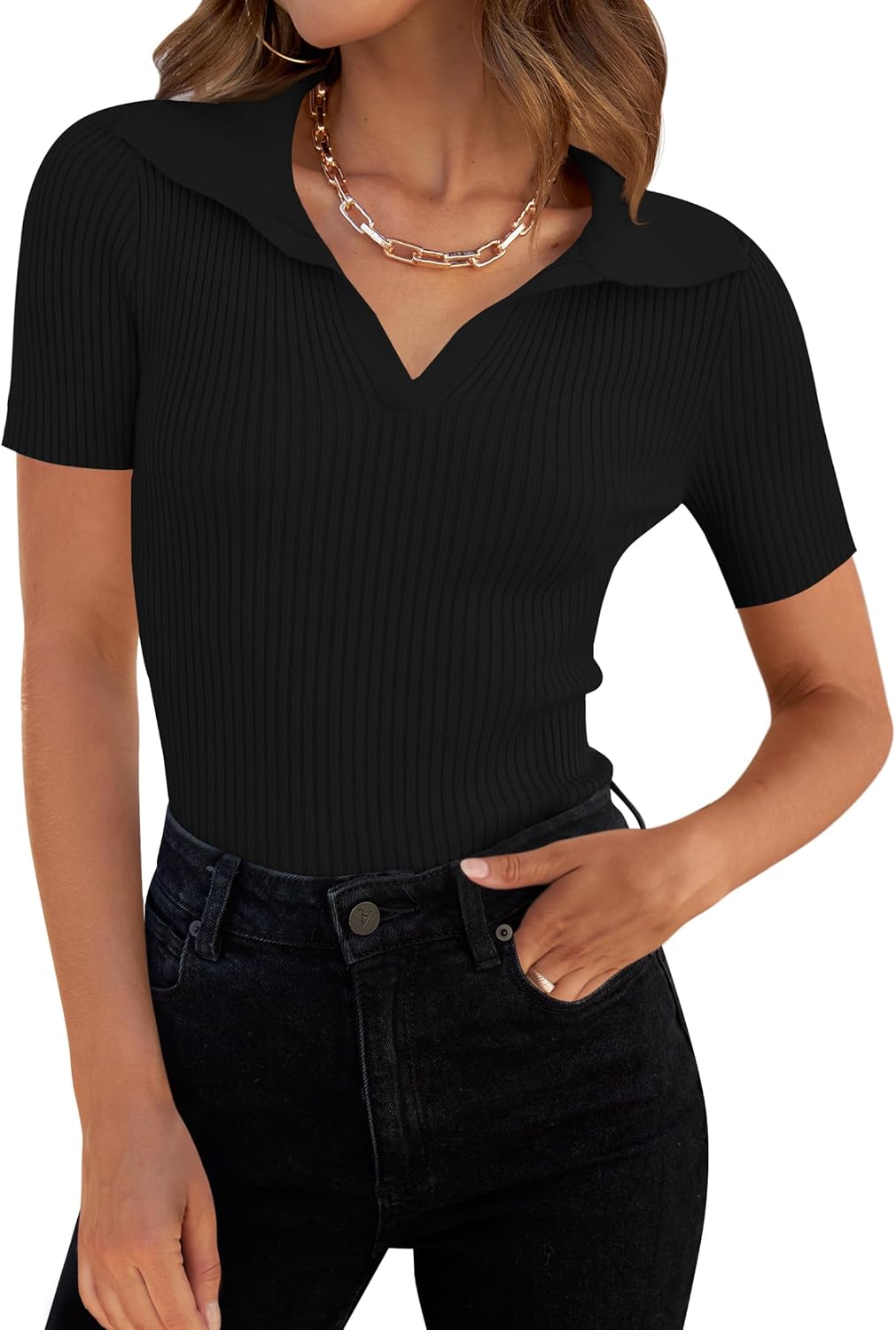 ZESICA Women's Short Sleeve V Neck T Shirts 2026 Summer Ribbed Knit Slim Fitted Basic Solid Color Tee Tops