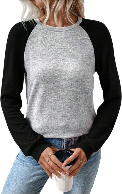 WDIRARA Women's Color Block Long Sleeve T Shirts Crew Neck Tee Pullover Tops