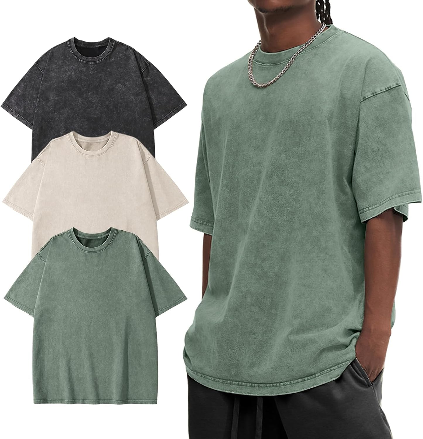 Eisctnd Men Oversized T-Shirts 3 Piece Unisex Vintage Shirt Solid Acid Wash Cotton Casual Hip Hop Tops