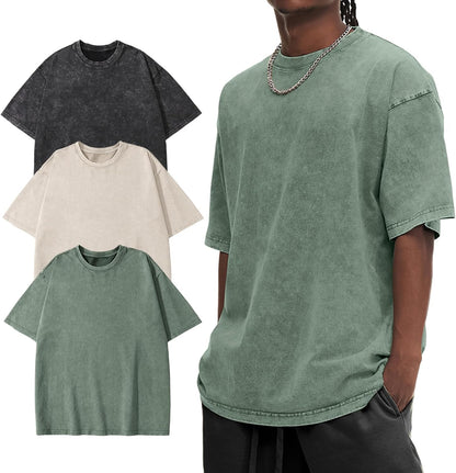 Eisctnd Men Oversized T-Shirts 3 Piece Unisex Vintage Shirt Solid Acid Wash Cotton Casual Hip Hop Tops