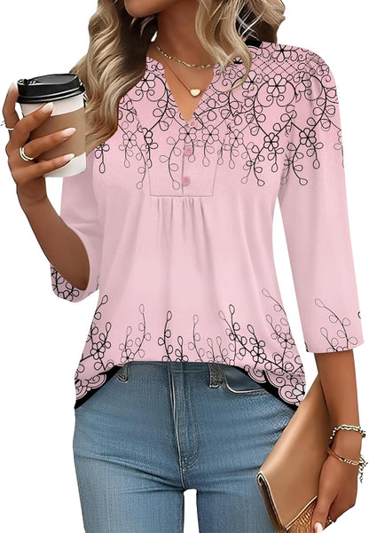 IECCP 3/4 Length Sleeve Womens Tops Dressy Casual Henley V-Neck Summer Tops Pleated T-Shirts Loose Fit Work Blouses