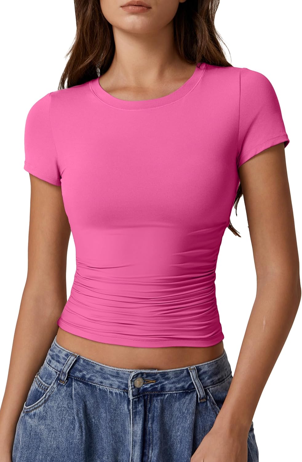 QINSEN Short Sleeve Shirts for Women Round Neck Basic Double Lined Tees Fitted Y2k Crop Tops