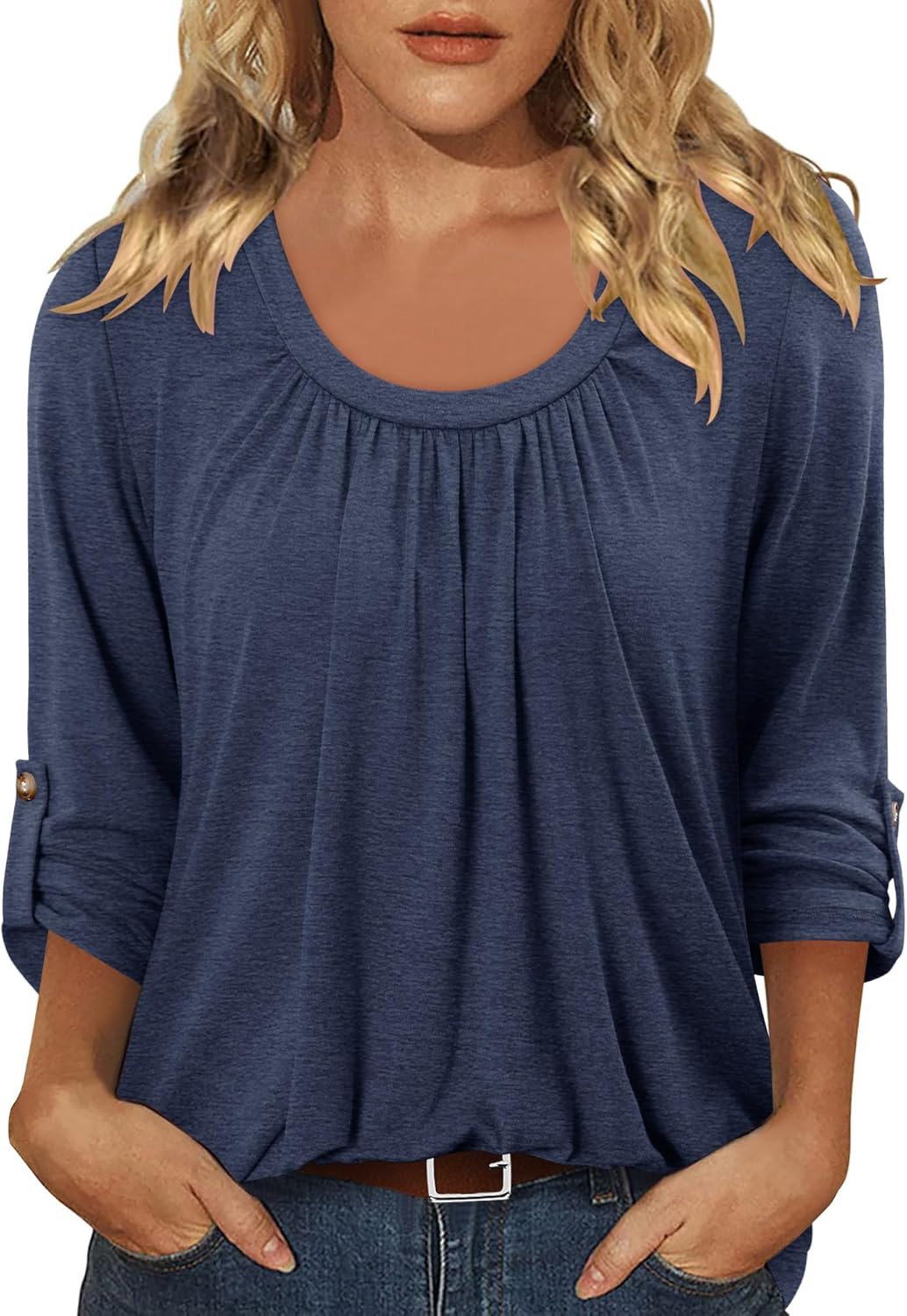 CRAZY GRID 3/4 Length Sleeve Women Tops Crewneck Pleated Cute Blouses Dressy Casual Summer T Shirts Loose Fit