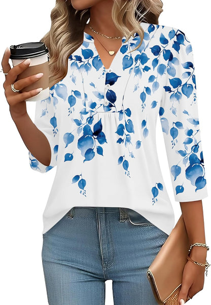 IECCP 3/4 Length Sleeve Womens Tops Dressy Casual Henley V-Neck Summer Tops Pleated T-Shirts Loose Fit Work Blouses