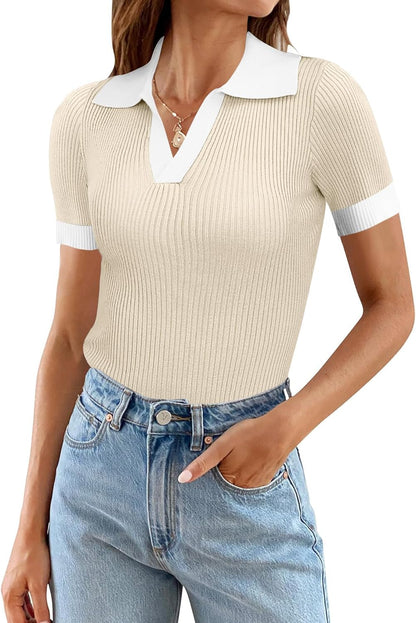 Ivicoer Womens V Neck Sweaters Dressy Casual Short Sleeve Sweater Slim Fit Lightweight Knit Tops